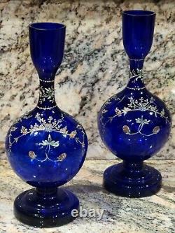 Pair Antique Venetian Vases 8 3/4 Enamel 1860 Bristol Blue Cobalt Blown Glass