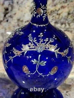 Pair Antique Venetian Vases 8 3/4 Enamel 1860 Bristol Blue Cobalt Blown Glass