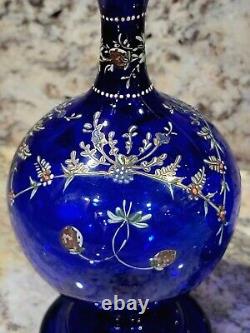 Pair Antique Venetian Vases 8 3/4 Enamel 1860 Bristol Blue Cobalt Blown Glass