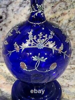 Pair Antique Venetian Vases 8 3/4 Enamel 1860 Bristol Blue Cobalt Blown Glass