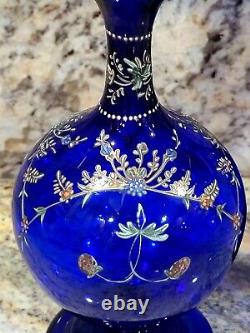 Pair Antique Venetian Vases 8 3/4 Enamel 1860 Bristol Blue Cobalt Blown Glass