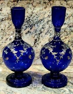 Pair Antique Venetian Vases 8 3/4 Enamel 1860 Bristol Blue Cobalt Blown Glass