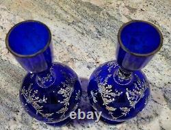 Pair Antique Venetian Vases 8 3/4 Enamel 1860 Bristol Blue Cobalt Blown Glass