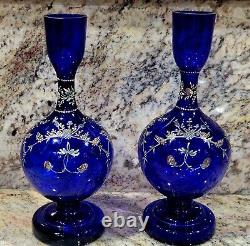 Pair Antique Venetian Vases 8 3/4 Enamel 1860 Bristol Blue Cobalt Blown Glass