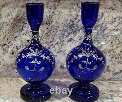 Pair Antique Venetian Vases 8 3/4 Enamel 1860 Bristol Blue Cobalt Blown Glass