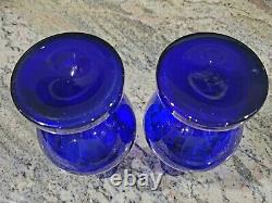 Pair Antique Venetian Vases 8 3/4 Enamel 1860 Bristol Blue Cobalt Blown Glass