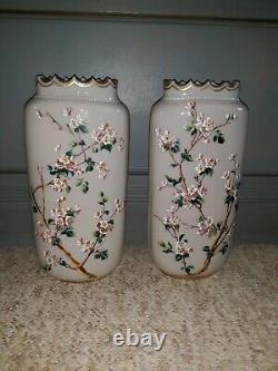 Pair Antique Victorian Art Glass Enameled Vases Cherry Blossom