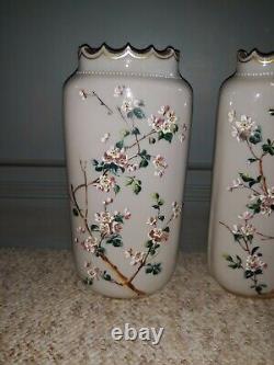 Pair Antique Victorian Art Glass Enameled Vases Cherry Blossom