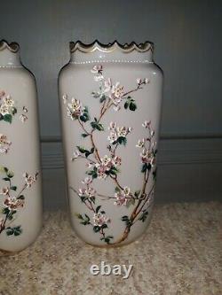 Pair Antique Victorian Art Glass Enameled Vases Cherry Blossom