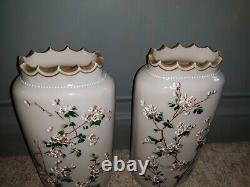 Pair Antique Victorian Art Glass Enameled Vases Cherry Blossom