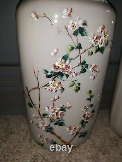 Pair Antique Victorian Art Glass Enameled Vases Cherry Blossom