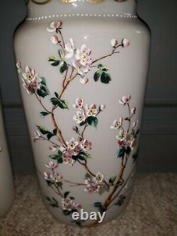 Pair Antique Victorian Art Glass Enameled Vases Cherry Blossom