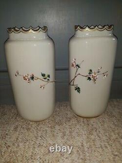 Pair Antique Victorian Art Glass Enameled Vases Cherry Blossom