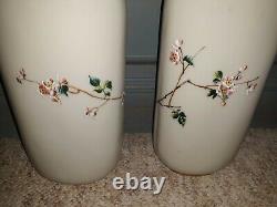 Pair Antique Victorian Art Glass Enameled Vases Cherry Blossom