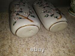 Pair Antique Victorian Art Glass Enameled Vases Cherry Blossom