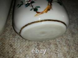 Pair Antique Victorian Art Glass Enameled Vases Cherry Blossom