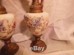 Pair Antique Victorian Ewers Vases Wave Crest by C. F. Monroe Enameled Art Glass