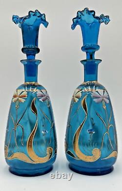 Pair Blue Bristol Glass Decanter Vases Enamel & Gold Gild Paint Ruffled Stoppers