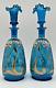 Pair Blue Bristol Glass Decanter Vases Enamel & Gold Gild Paint Ruffled Stoppers