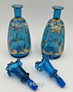 Pair Blue Bristol Glass Decanter Vases Enamel & Gold Gild Paint Ruffled Stoppers