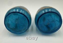 Pair Blue Bristol Glass Decanter Vases Enamel & Gold Gild Paint Ruffled Stoppers