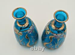 Pair Blue Bristol Glass Decanter Vases Enamel & Gold Gild Paint Ruffled Stoppers