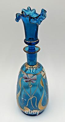 Pair Blue Bristol Glass Decanter Vases Enamel & Gold Gild Paint Ruffled Stoppers