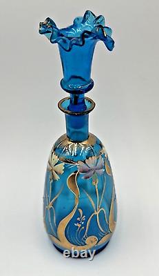 Pair Blue Bristol Glass Decanter Vases Enamel & Gold Gild Paint Ruffled Stoppers