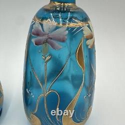 Pair Blue Bristol Glass Decanter Vases Enamel & Gold Gild Paint Ruffled Stoppers