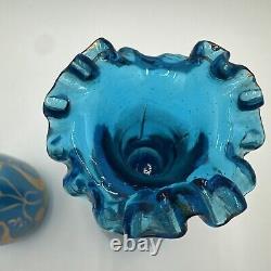 Pair Blue Bristol Glass Decanter Vases Enamel & Gold Gild Paint Ruffled Stoppers