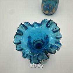 Pair Blue Bristol Glass Decanter Vases Enamel & Gold Gild Paint Ruffled Stoppers