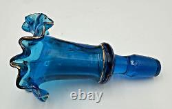 Pair Blue Bristol Glass Decanter Vases Enamel & Gold Gild Paint Ruffled Stoppers