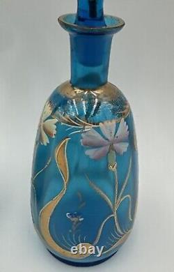 Pair Blue Bristol Glass Decanter Vases Enamel & Gold Gild Paint Ruffled Stoppers