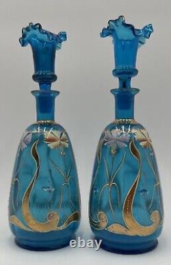 Pair Blue Bristol Glass Decanter Vases Enamel & Gold Gild Paint Ruffled Stoppers