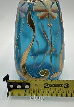 Pair Blue Bristol Glass Decanter Vases Enamel & Gold Gild Paint Ruffled Stoppers