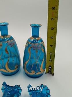 Pair Blue Bristol Glass Decanter Vases Enamel & Gold Gild Paint Ruffled Stoppers