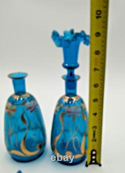 Pair Blue Bristol Glass Decanter Vases Enamel & Gold Gild Paint Ruffled Stoppers