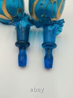 Pair Blue Bristol Glass Decanter Vases Enamel & Gold Gild Paint Ruffled Stoppers