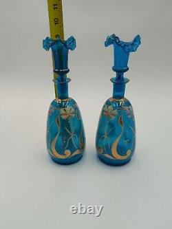 Pair Blue Bristol Glass Decanter Vases Enamel & Gold Gild Paint Ruffled Stoppers