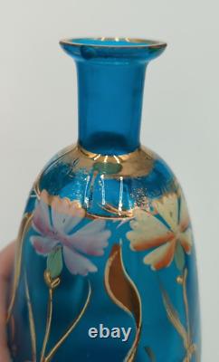 Pair Blue Bristol Glass Decanter Vases Enamel & Gold Gild Paint Ruffled Stoppers