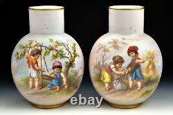 Pair Bohemian Hand Painted Opaline Art Glass Vases Josef Ahne Signed