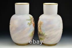 Pair Bohemian Hand Painted Opaline Art Glass Vases Josef Ahne Signed