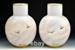 Pair Bohemian Hand Painted Opaline Art Glass Vases Josef Ahne Signed