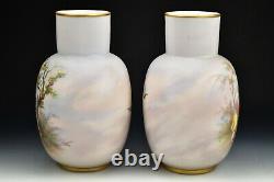 Pair Bohemian Hand Painted Opaline Art Glass Vases Josef Ahne Signed
