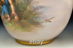 Pair Bohemian Hand Painted Opaline Art Glass Vases Josef Ahne Signed