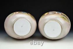 Pair Bohemian Hand Painted Opaline Art Glass Vases Josef Ahne Signed