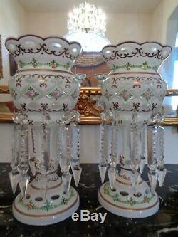 Pair Czech Bohemian Case Cut To Clear 20 Crystal Prisms 12 1/2 Mantel Luster
