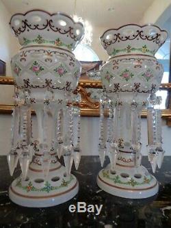 Pair Czech Bohemian Case Cut To Clear 20 Crystal Prisms 12 1/2 Mantel Luster