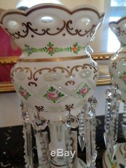 Pair Czech Bohemian Case Cut To Clear 20 Crystal Prisms 12 1/2 Mantel Luster