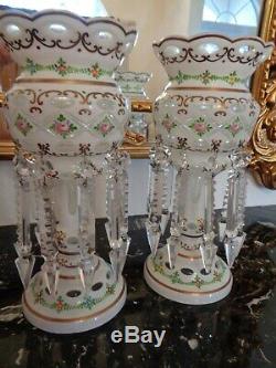 Pair Czech Bohemian Case Cut To Clear 20 Crystal Prisms 12 1/2 Mantel Luster